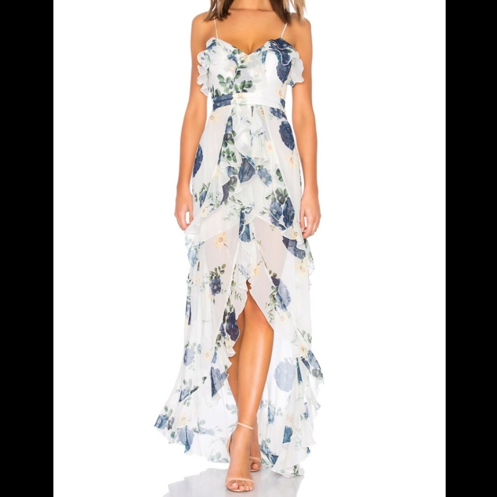 Nicholas high-low blue rose frill maxi dress NWT